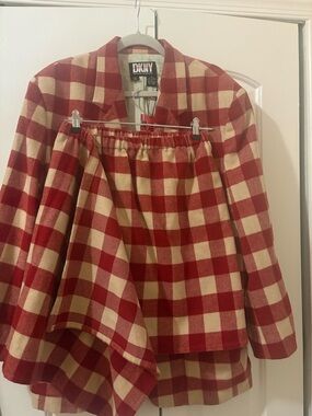 DKNY Red and Cream Checked Coat